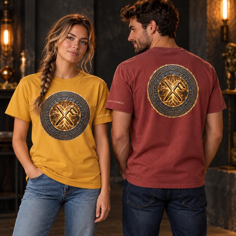 May include: A mustard yellow t-shirt and a maroon t-shirt, each featuring a circular graphic on the chest or back. The design displays a glowing golden rune symbol surrounded by a detailed metallic border with etched runic characters and knotwork.