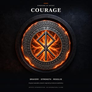 Pode incluir: Um emblema met&aacute;lico circular com o texto BINDRUNE OF INTENT COURAGE no topo e BRAVERY STRENGTH RESOLVE na parte inferior. O centro exibe um s&iacute;mbolo r&uacute;nico rodeado por um efeito de rel&acirc;mpago laranja brilhante e uma borda tran&ccedil;ada.