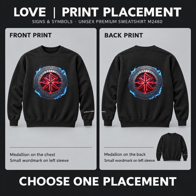 May include: A black crewneck sweatshirt featuring a circular medallion with a red glowing symbol, blue lightning effects, and runic text. The design is shown on the chest and back, with a small wordmark on the left sleeve. Text reads LOVE | PRINT PLACEMENT.