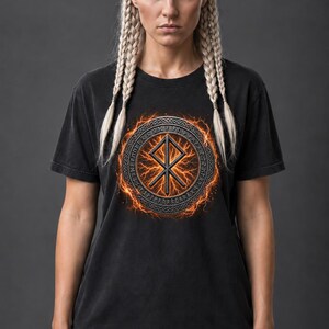 Pode incluir: Uma t-shirt preta de manga curta com um gr&aacute;fico circular no peito. O design apresenta um s&iacute;mbolo r&uacute;nico central rodeado por um anel de runas n&oacute;rdicas, tudo rodeado por um efeito de rel&acirc;mpago laranja brilhante sobre um fundo escuro.