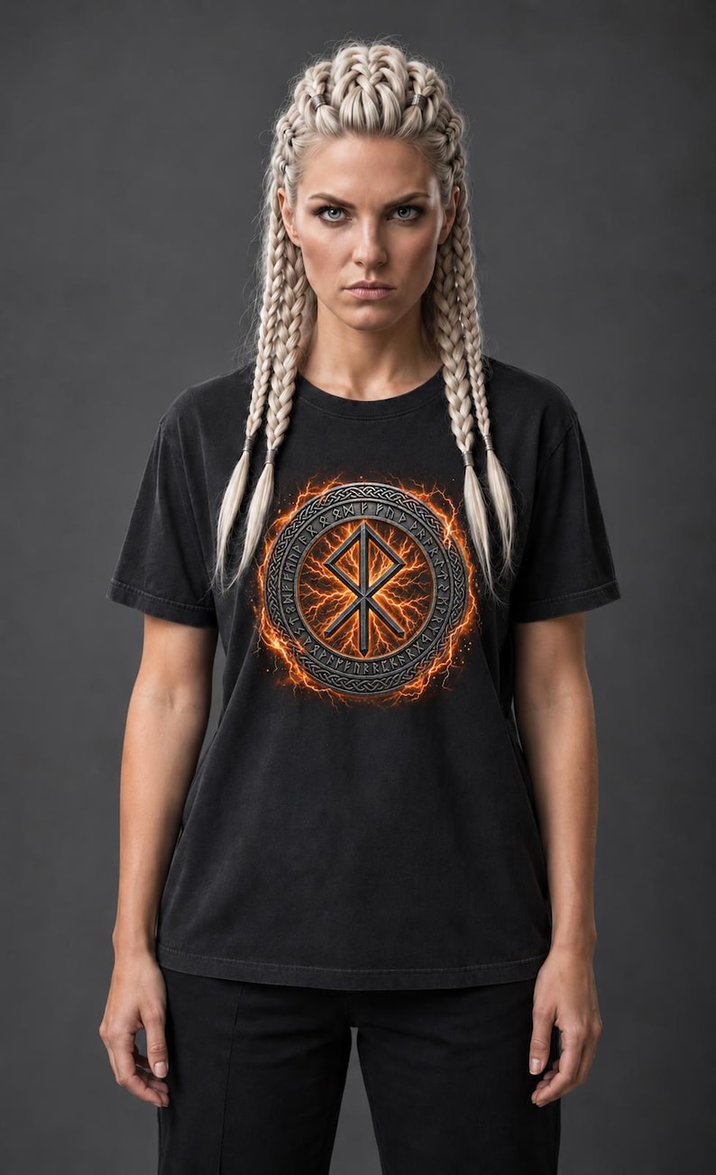 Pode incluir: Uma t-shirt preta de manga curta com um gr&aacute;fico circular no peito. O design apresenta um s&iacute;mbolo r&uacute;nico central rodeado por um anel de runas n&oacute;rdicas, tudo rodeado por um efeito de rel&acirc;mpago laranja brilhante sobre um fundo escuro.