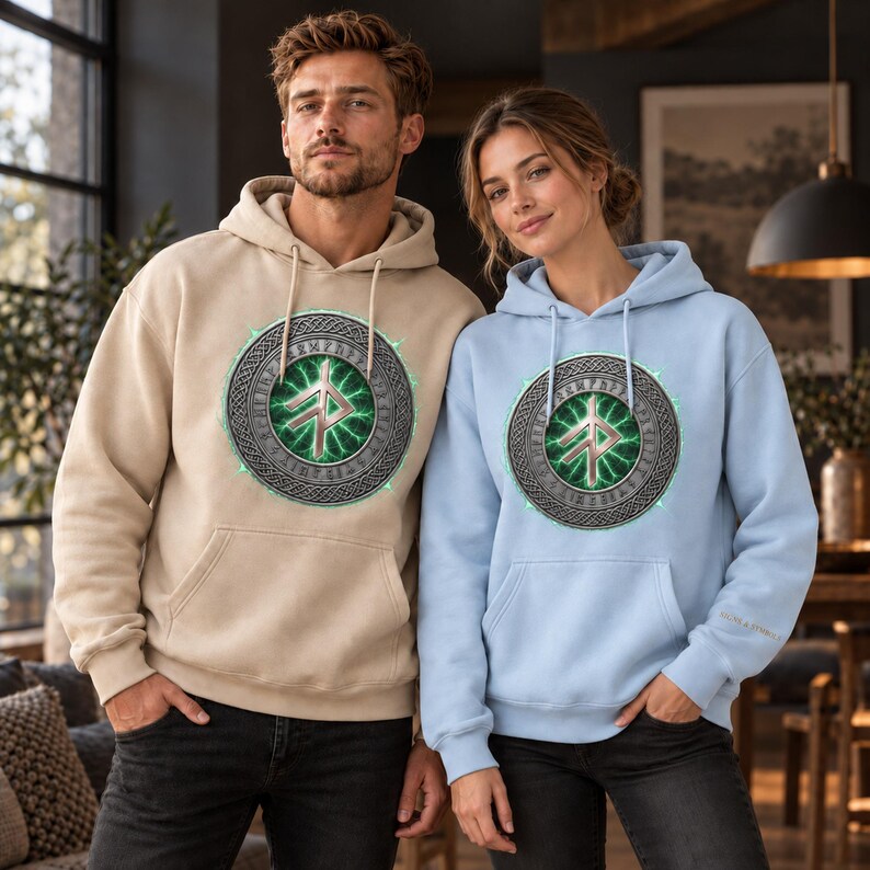 May include: A beige hoodie and a light blue hoodie, both featuring a central circular graphic. The design displays a metallic, knotwork-bordered emblem with a glowing green center and a prominent runic symbol, complete with matching drawstrings.