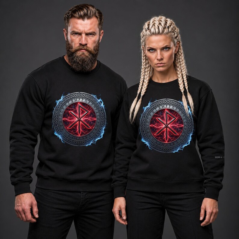 May include: Two black crewneck sweatshirts featuring a circular graphic on the chest. The design displays a red glowing bindrune symbol surrounded by a metallic ring with etched runes, all encircled by a vibrant blue electrical energy effect.