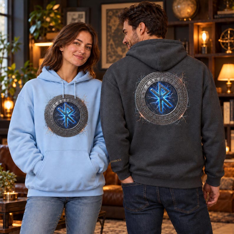 May include: A light blue hooded sweatshirt and a dark gray hooded sweatshirt, both featuring a circular emblem on the chest and back respectively. The emblem displays a glowing blue rune symbol surrounded by a metallic, engraved border.