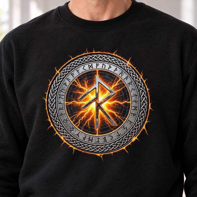 May include: A black crewneck sweatshirt featuring a central circular graphic. The design includes a metallic silver rune symbol surrounded by a ring of glowing orange lightning and a border of intricate silver Celtic knotwork patterns.