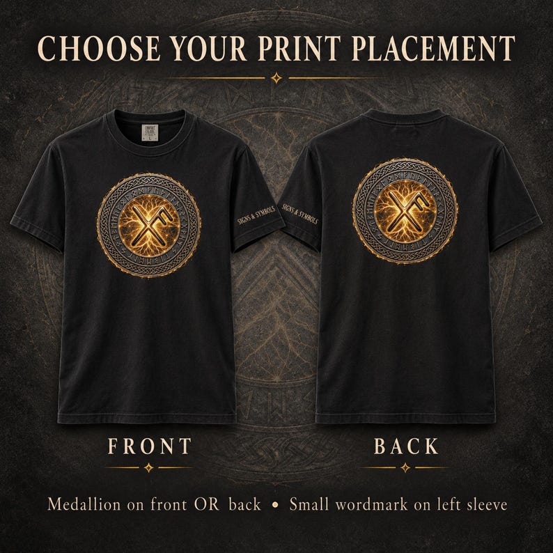 May include: A black t-shirt shown from the front and back, featuring a circular medallion with a glowing golden rune design and a braided border. The text "SIGNS & SYMBOLS" is printed on the left sleeve. The image includes the text "CHOOSE YOUR PRINT PLACEMENT".