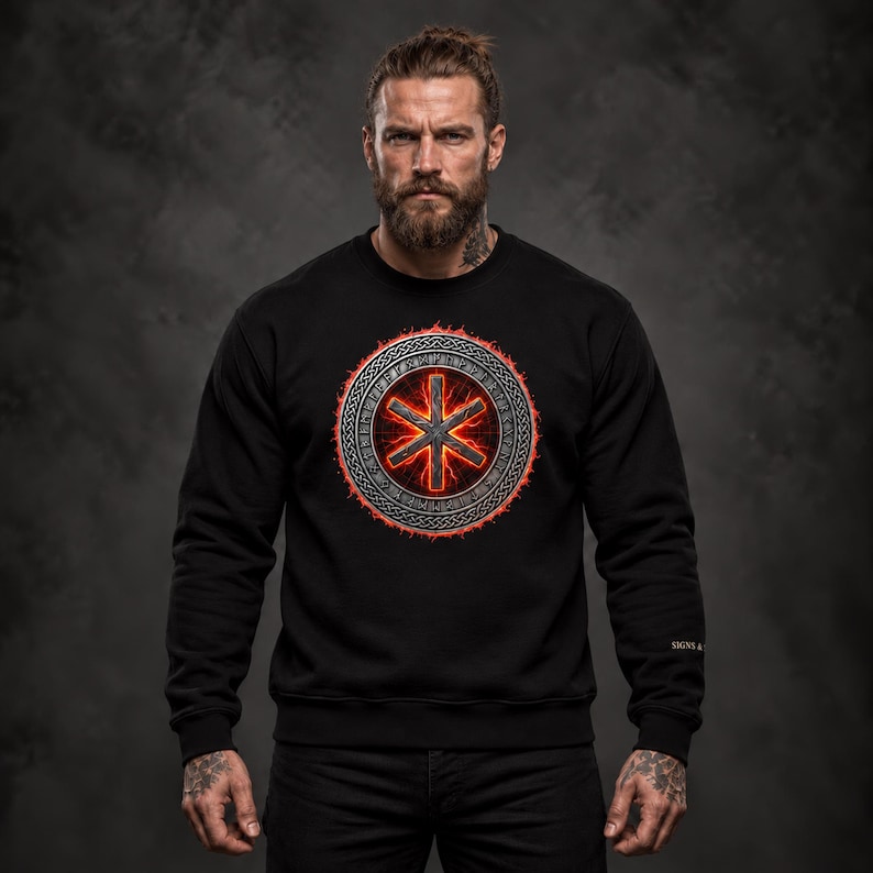 May include: A black long-sleeve sweatshirt featuring a circular graphic on the chest. The design displays a central six-pointed star symbol surrounded by a ring of runic characters, all set against a glowing red and orange fiery background.