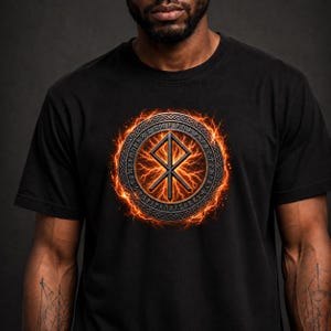 Pode incluir: Uma t-shirt preta de manga curta com um gr&aacute;fico circular central. O design apresenta um s&iacute;mbolo r&uacute;nico met&aacute;lico rodeado por um anel de caracteres antigos, tudo sobre um efeito de energia el&eacute;trica laranja vibrante e brilhante.