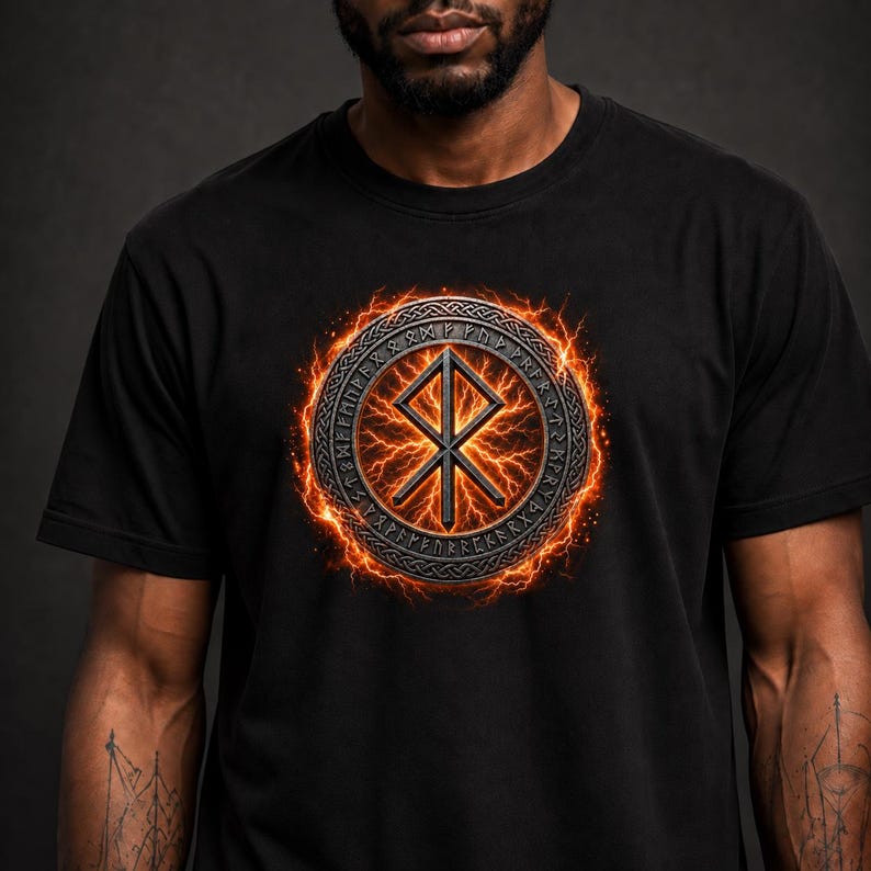 Pode incluir: Uma t-shirt preta de manga curta com um gr&aacute;fico circular central. O design apresenta um s&iacute;mbolo r&uacute;nico met&aacute;lico rodeado por um anel de caracteres antigos, tudo sobre um efeito de energia el&eacute;trica laranja vibrante e brilhante.