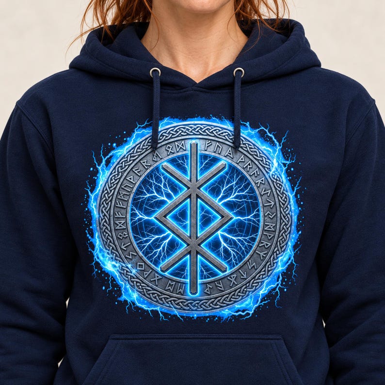 May include: A navy blue hooded sweatshirt featuring a central graphic of a metallic runic symbol enclosed within a circular border of Norse runes, surrounded by a vibrant blue electric lightning effect on the front chest area.