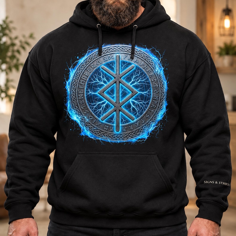 May include: A black hooded sweatshirt featuring a central graphic of a circular stone-textured emblem with runic inscriptions and a glowing blue lightning effect surrounding a central bindrune symbol. The text SIGNS & SYMBOLS is printed on the sleeve.