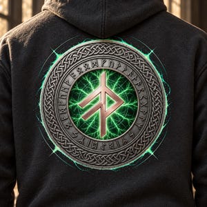 May include: A black hooded sweatshirt featuring a large circular graphic on the back. The design includes a metallic silver border with intricate knotwork, a ring of runic characters, and a central copper-colored rune glowing with green lightning.