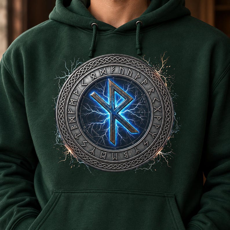 May include: A dark forest green hooded sweatshirt featuring a central circular graphic. The design displays a metallic ring inscribed with runic characters surrounding a glowing blue lightning bolt symbol shaped like a stylized letter R.