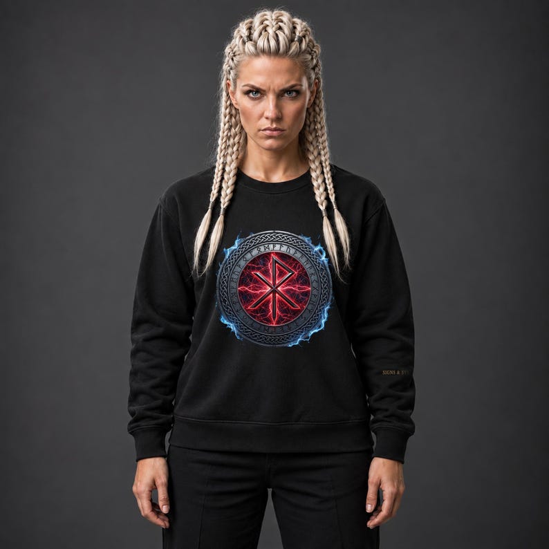 May include: A black long-sleeve sweatshirt featuring a circular graphic on the chest. The design displays a red glowing bindrune symbol surrounded by a metallic ring with runic inscriptions, all encircled by a vibrant blue lightning effect.