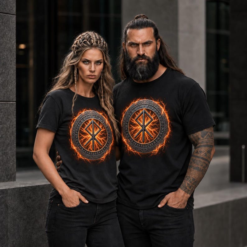 Pode incluir: Uma t-shirt preta de manga curta com um gr&aacute;fico circular no peito. O design apresenta um s&iacute;mbolo r&uacute;nico central rodeado por um anel met&aacute;lico com inscri&ccedil;&otilde;es gravadas, tudo sobre um efeito de rel&acirc;mpago laranja brilhante.