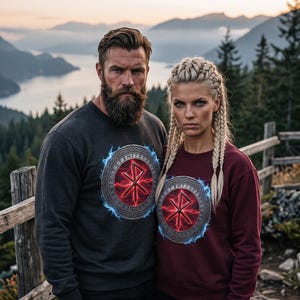 May include: A dark grey sweatshirt and a maroon sweatshirt, each featuring a circular emblem with a red glowing rune, blue lightning accents, and runic text. The text FOREVER WILD appears at the top and Bound by Love at the bottom.