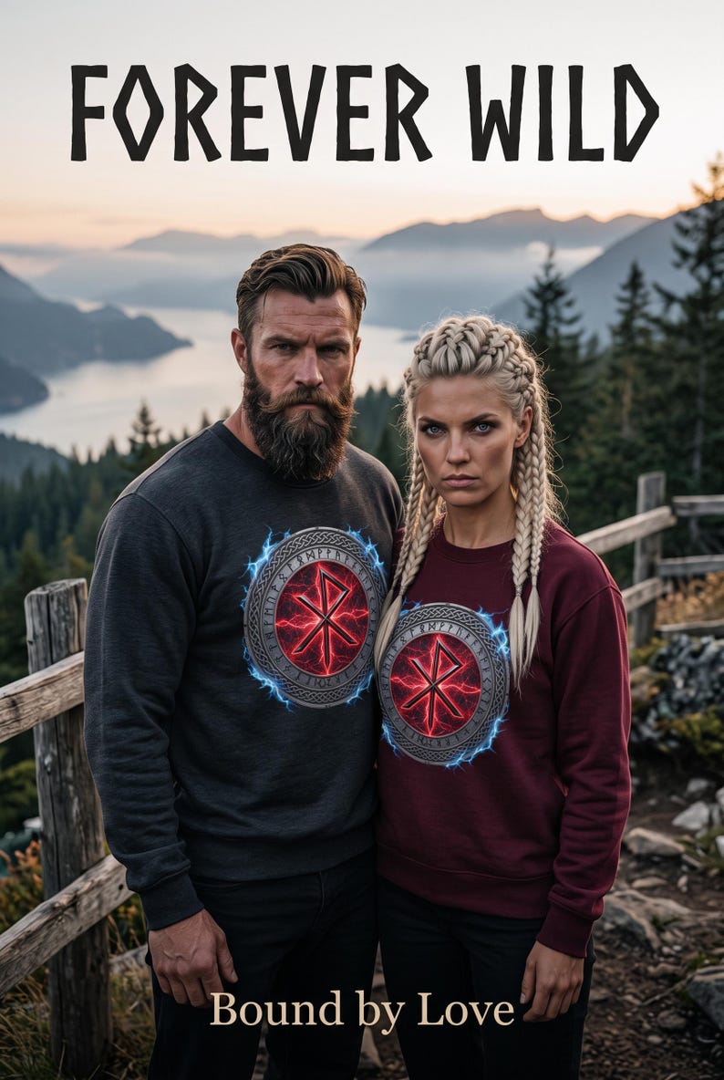 May include: A dark grey sweatshirt and a maroon sweatshirt, each featuring a circular emblem with a red glowing rune, blue lightning accents, and runic text. The text FOREVER WILD appears at the top and Bound by Love at the bottom.