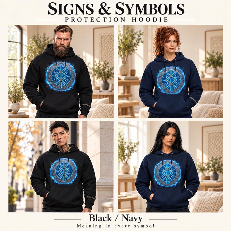 May include: A black or navy blue hoodie featuring a central graphic of a circular blue glowing symbol with intricate patterns. The text SIGNS & SYMBOLS PROTECTION HOODIE is printed at the top, and Meaning in every symbol is at the bottom.
