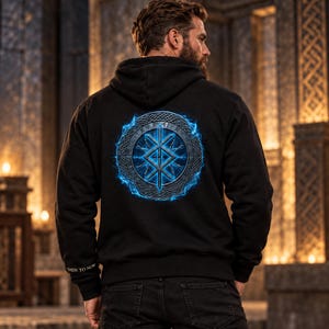 May include: A black hooded sweatshirt featuring a large circular graphic on the back. The design displays a blue glowing runic symbol surrounded by a metallic ring with etched runes. The text "THEN TO NOW" is printed on the right sleeve.