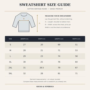 May include: A sweatshirt size guide chart for Cotton Heritage M2480 unisex premium garments. It features a diagram showing length A and width B, with a table listing sizes S through 3XL in both inches and centimeters for accurate measurement.