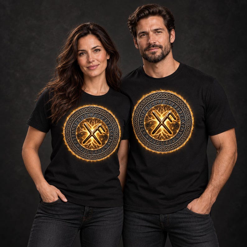 May include: A black short-sleeved t-shirt featuring a circular graphic on the chest. The design includes a central rune symbol surrounded by a glowing orange ring of fire and an outer border of intricate Celtic knotwork with runic characters.
