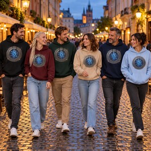 May include: Five individuals wearing hooded sweatshirts in black, maroon, dark green, beige, and light blue. Each sweatshirt features a circular graphic on the chest containing a glowing blue star-like symbol surrounded by intricate patterns.