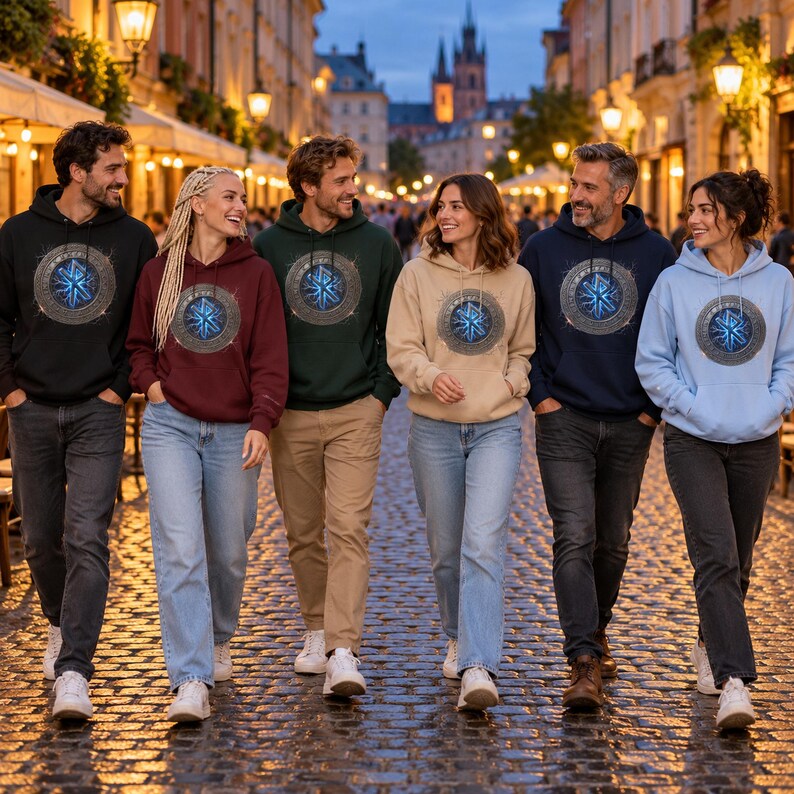 May include: Five individuals wearing hooded sweatshirts in black, maroon, dark green, beige, and light blue. Each sweatshirt features a circular graphic on the chest containing a glowing blue star-like symbol surrounded by intricate patterns.