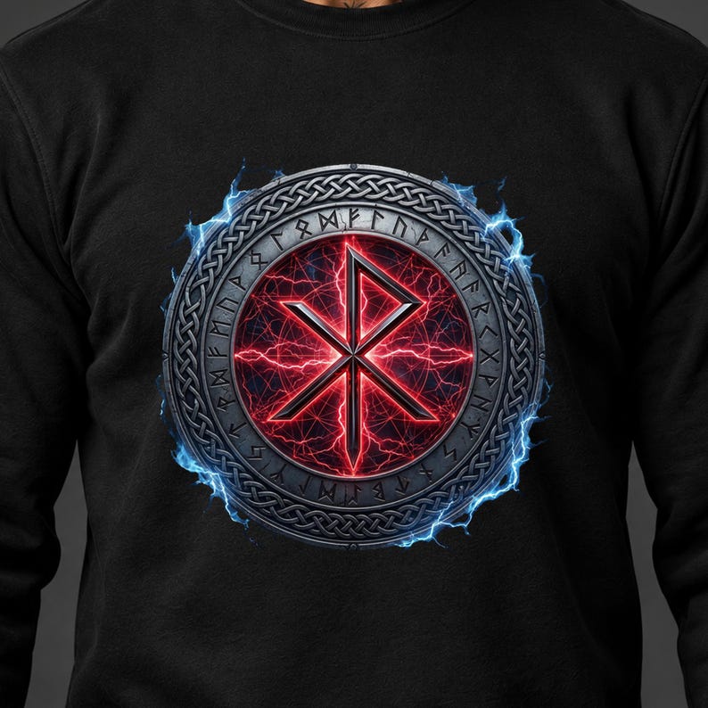 May include: A black long-sleeve sweatshirt featuring a circular emblem with a central red glowing rune, surrounded by a metallic border with engraved characters, all encircled by vibrant blue lightning effects against the dark fabric.