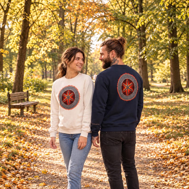 May include: A white crewneck sweatshirt and a navy blue crewneck sweatshirt, both featuring a circular graphic on the chest or back. The graphic displays a red and orange six-pointed star design surrounded by a detailed, intricate grey border.