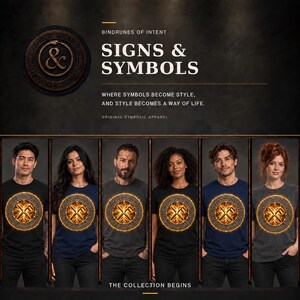 May include: Six individuals wearing t-shirts featuring a circular graphic with a fiery orange and yellow rune symbol. The text reads: BINDRUNES OF INTENT, SIGNS & SYMBOLS, WHERE SYMBOLS BECOME STYLE, AND STYLE BECOMES A WAY OF LIFE, ORIGINAL SYMBOLIC APPAREL, THE COLLECTION BEGINS.