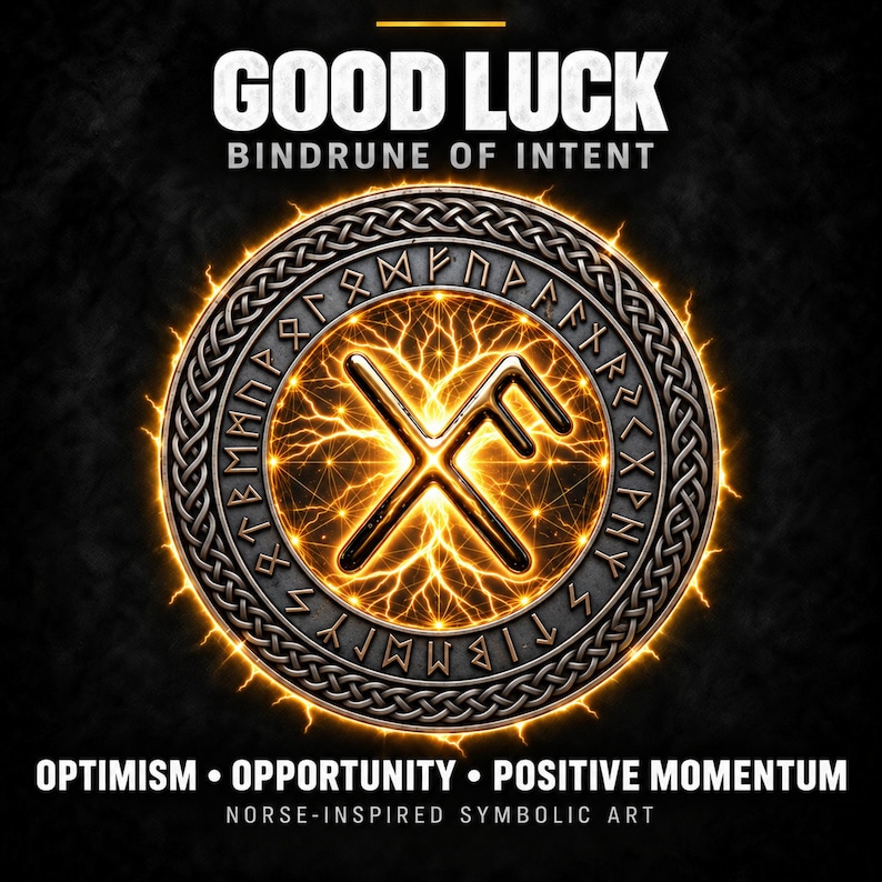 May include: A circular metallic emblem featuring a central bindrune symbol surrounded by a ring of etched runes. The design is illuminated by a glowing golden light effect, with the text GOOD LUCK, BINDRUNE OF INTENT, OPTIMISM, OPPORTUNITY, POSITIVE MOMENTUM, and NORSE-INSPIRED SYMBOLIC ART.