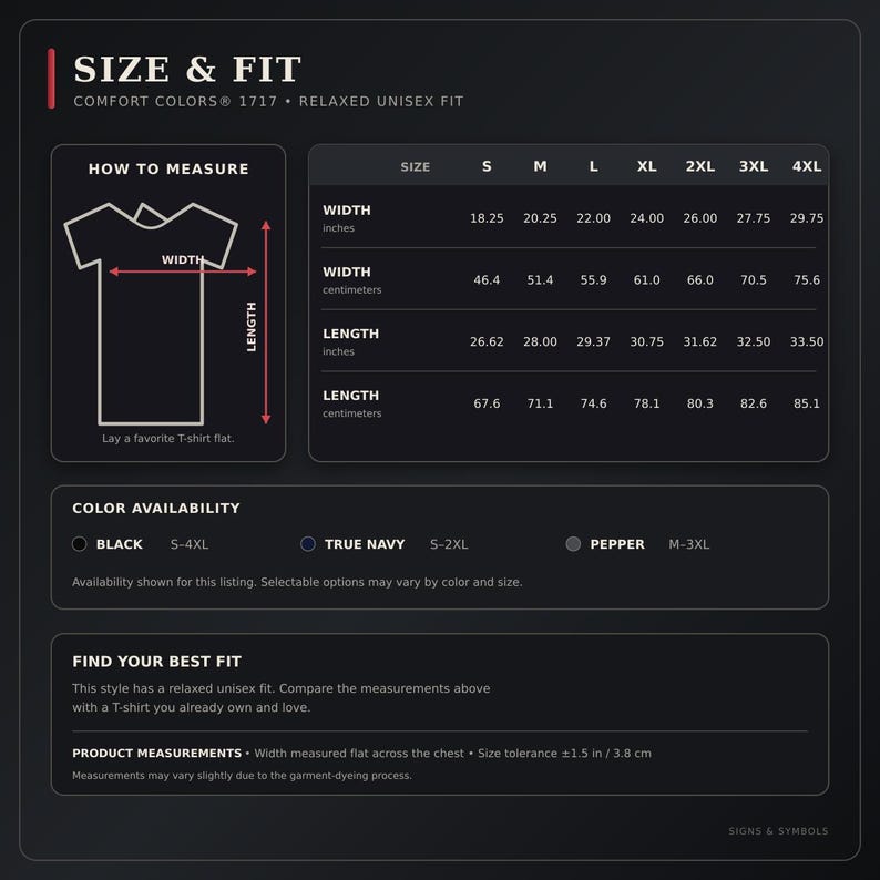 Pode incluir: Uma tabela de tamanhos para camisetas unissex Comfort Colors 1717. O gr&aacute;fico exibe um diagrama de medidas, uma tabela com largura e comprimento em polegadas e cent&iacute;metros para tamanhos de P a 4GG, e cores dispon&iacute;veis em preto, azul marinho e pimenta.