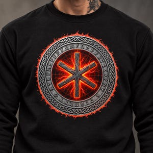 May include: A black crewneck sweatshirt featuring a large circular graphic on the chest. The design displays a central six-pointed star symbol surrounded by a ring of runic characters, all encircled by a glowing red fire effect.