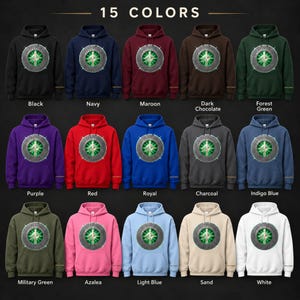 May include: A collection of fifteen hooded sweatshirts in various colors including black, navy, maroon, dark chocolate, forest green, purple, red, royal blue, charcoal, indigo blue, military green, azalea, light blue, sand, and white.
