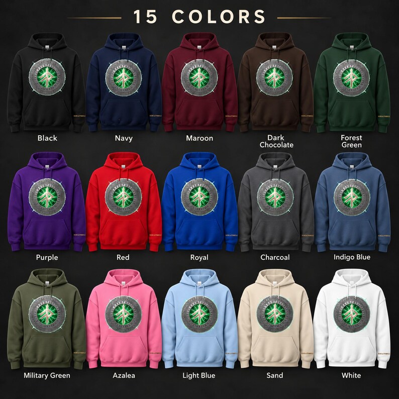 May include: A collection of fifteen hooded sweatshirts in various colors including black, navy, maroon, dark chocolate, forest green, purple, red, royal blue, charcoal, indigo blue, military green, azalea, light blue, sand, and white.