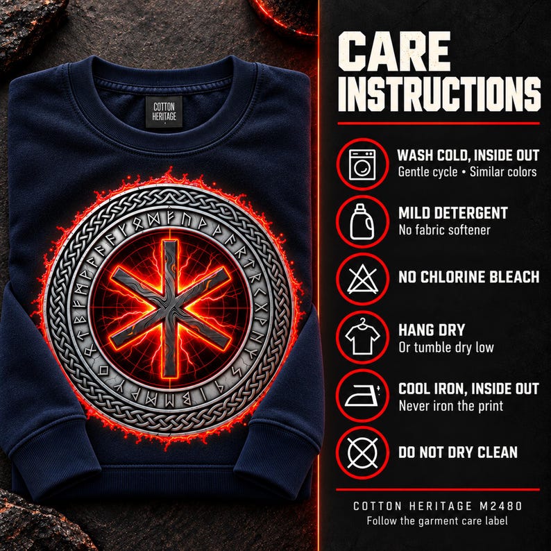 May include: A navy blue sweatshirt featuring a central graphic of a glowing red six-pointed star symbol surrounded by a circular Celtic knot border and runic characters. The right side displays care instructions including wash cold, mild detergent, no bleach, hang dry, cool iron, and no dry clean.