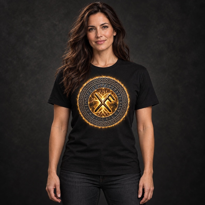 May include: A black short-sleeved t-shirt featuring a circular graphic on the chest. The design includes a glowing orange ring with intricate knotwork patterns and runic symbols surrounding a central golden rune symbol on a dark background.