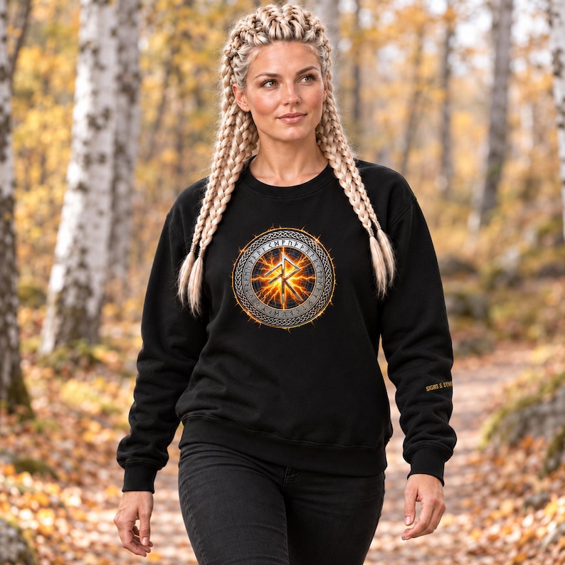 May include: A black long-sleeve sweatshirt featuring a circular graphic on the chest. The design includes a glowing orange and yellow lightning bolt symbol surrounded by a ring of silver runes. The text SIGNS & SYMBOLS is printed on the sleeve.