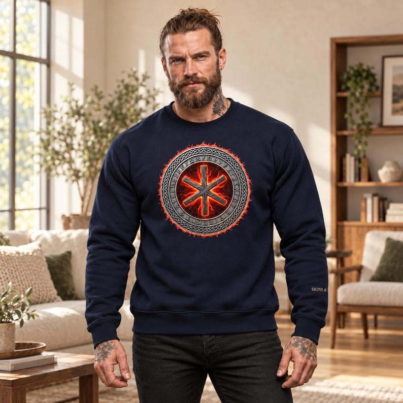 May include: A navy blue long-sleeve sweatshirt featuring a circular graphic on the chest. The design includes a central six-pointed star symbol surrounded by a ring of runes and a glowing red fire effect. The text SIGNS & is visible on the sleeve.