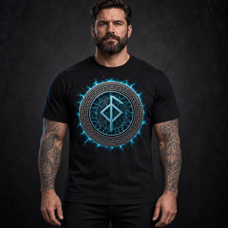 Może przedstawiać: Czarny t-shirt z kr&oacute;tkim rękawem z centralną grafiką metalicznego symbolu runicznego zamkniętego w okrągłej ramie. Wz&oacute;r otoczony jest świecącymi niebieskimi błyskawicami energii elektrycznej oraz skomplikowanym tekstem runicznym na obrzeżach.