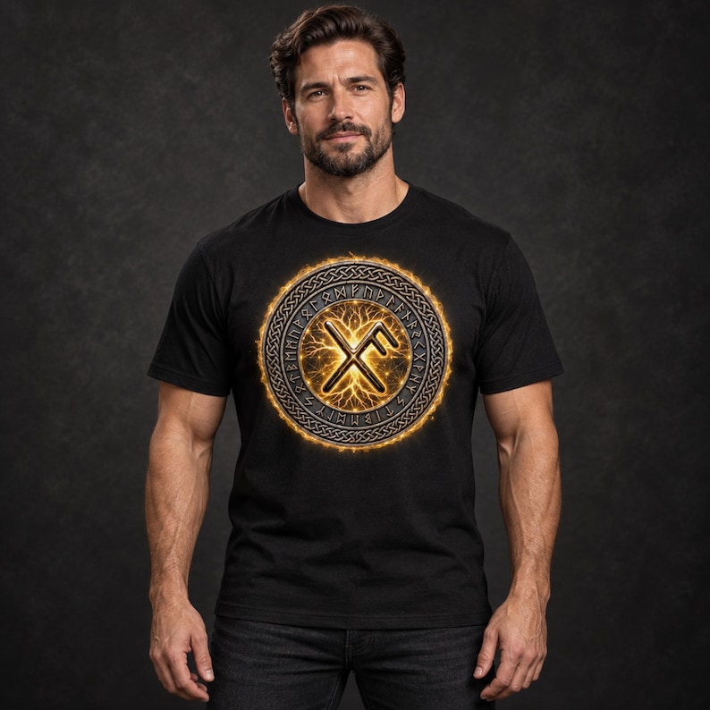 May include: A black short-sleeved t-shirt featuring a circular graphic on the chest. The design includes a central rune symbol surrounded by a ring of Elder Futhark runes, all encircled by a glowing, fiery orange border with lightning effects.