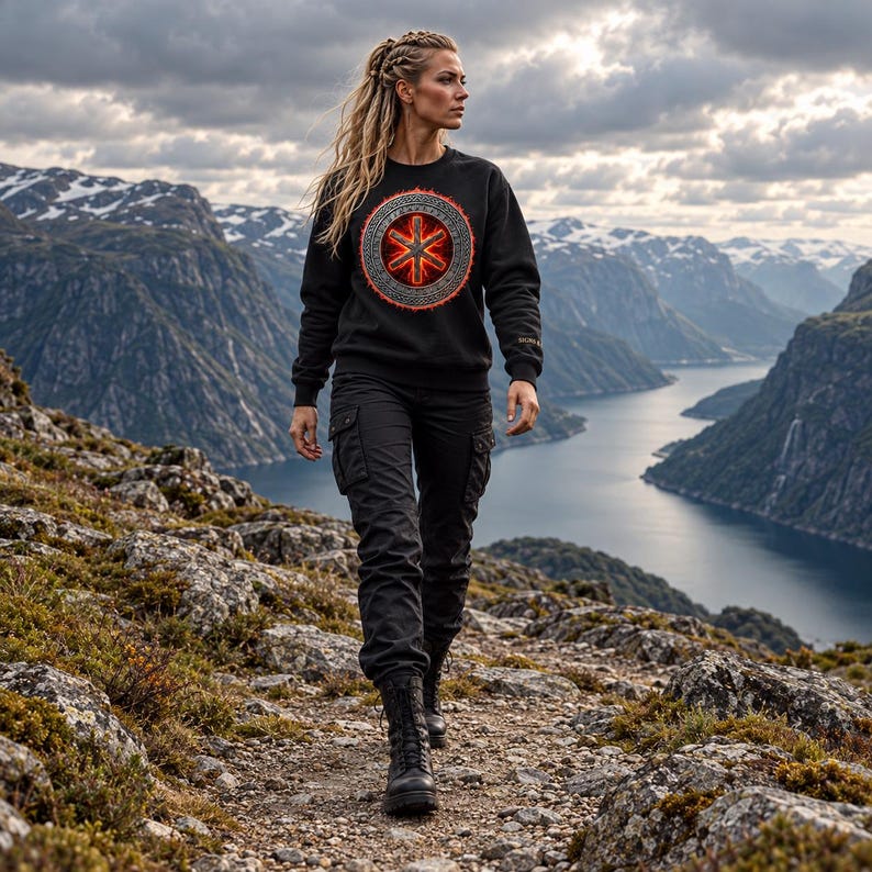 May include: A black long-sleeved sweatshirt featuring a circular graphic with a red glowing six-pointed star symbol surrounded by intricate knotwork patterns, paired with black cargo trousers and black lace-up tactical boots.