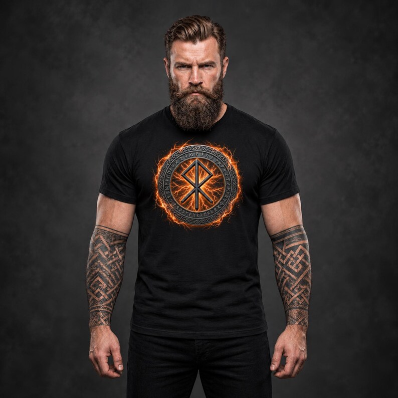 Pode incluir: Uma t-shirt preta de manga curta com um gr&aacute;fico circular no peito. O design apresenta uma runa Othala central rodeada por um anel de inscri&ccedil;&otilde;es r&uacute;nicas, tudo rodeado por um efeito de rel&acirc;mpago laranja brilhante.