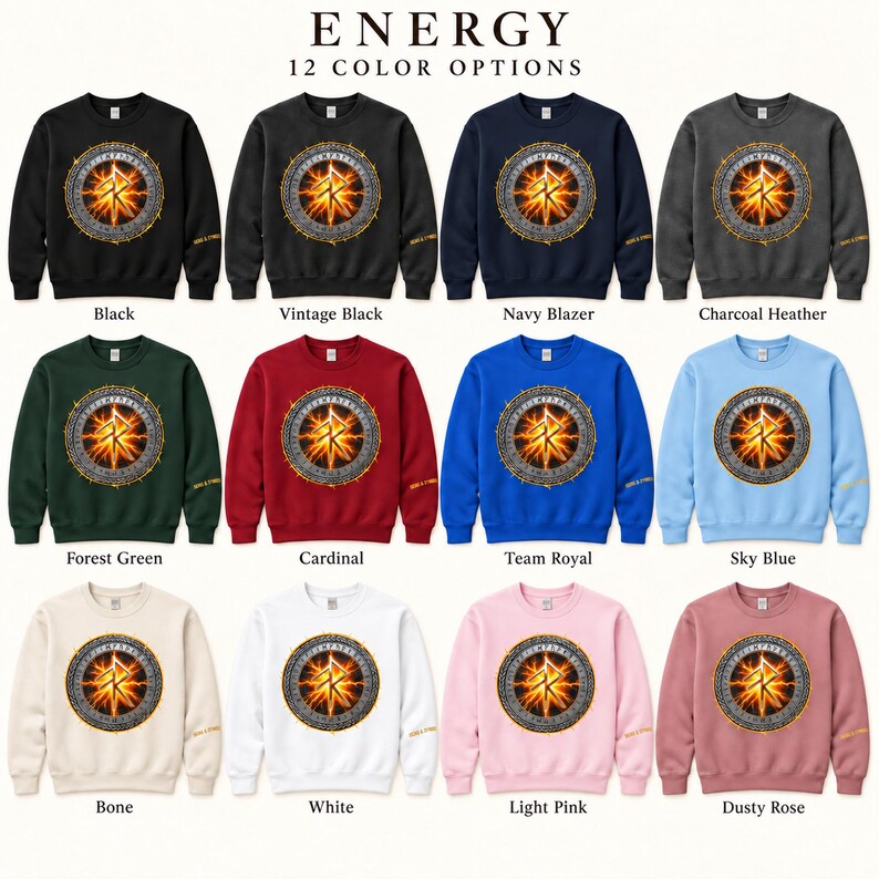May include: A collection of twelve crewneck sweatshirts in various colors, each featuring a central circular graphic with a glowing orange rune design. The text ENERGY 12 COLOR OPTIONS appears at the top, with color names below each shirt.