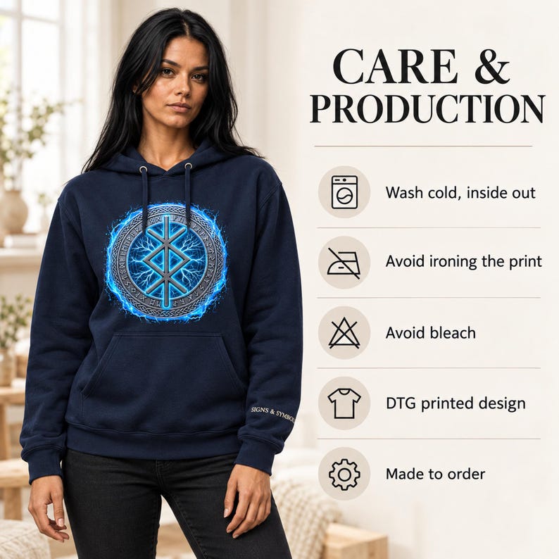 May include: A navy blue hooded sweatshirt featuring a central circular graphic with a blue glowing runic symbol and lightning effects. The text CARE & PRODUCTION lists instructions: Wash cold, inside out, Avoid ironing the print, Avoid bleach, DTG printed design, and Made to order.