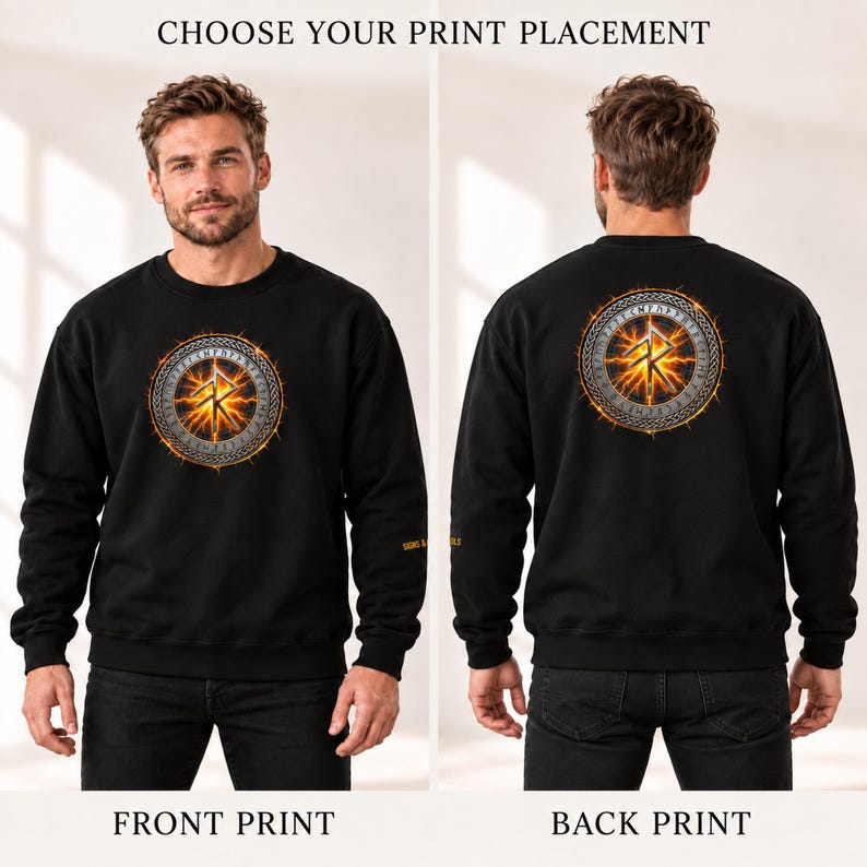 May include: A black long-sleeve sweatshirt featuring a circular graphic with a glowing orange fire effect and a central rune symbol. The design is displayed on the chest in one view and on the back in another, with the text CHOOSE YOUR PRINT PLACEMENT.