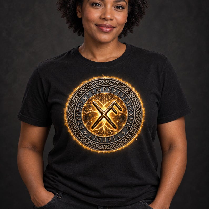 May include: A black short-sleeved t-shirt featuring a circular graphic on the chest. The design includes a metallic-toned border with runic symbols surrounding a glowing, golden lightning-like center with a prominent rune character in the middle.