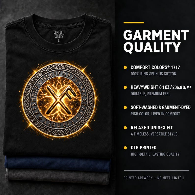 May include: A black t-shirt featuring a circular graphic with a glowing gold rune symbol surrounded by a ring of Norse runes. The text on the right lists garment quality details including 100% ring-spun US cotton and 6.1 oz fabric weight.