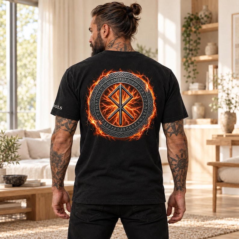 Pode incluir: Uma t-shirt preta com um grande gr&aacute;fico circular nas costas. O design apresenta um s&iacute;mbolo r&uacute;nico central rodeado por um anel de runas mais pequenas, tudo envolvido por efeitos de rel&acirc;mpagos laranja e energia de fogo.