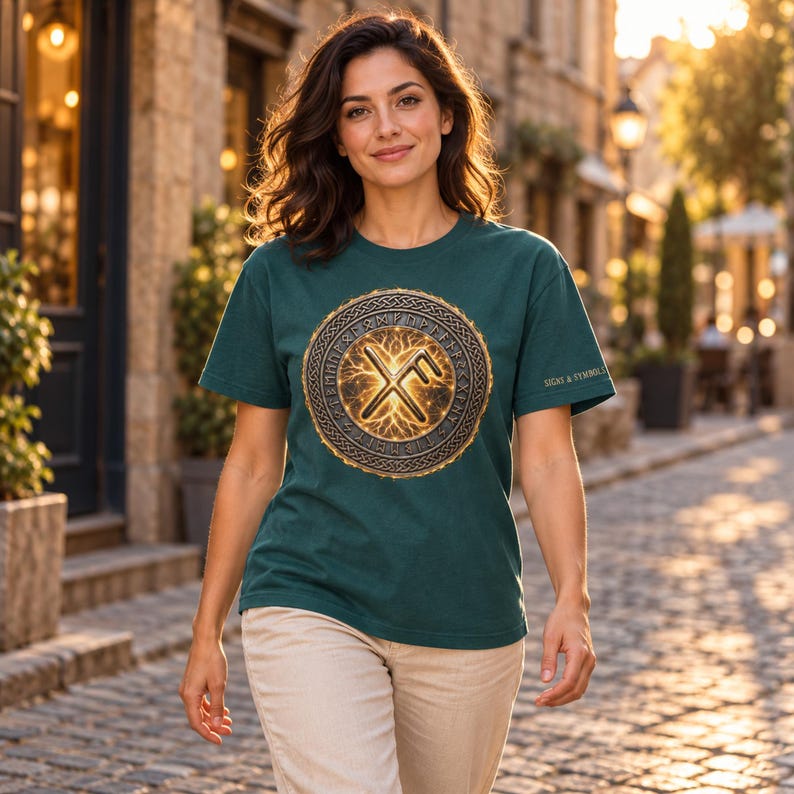 May include: A dark teal short-sleeve t-shirt featuring a circular graphic on the chest. The design includes a central golden rune symbol surrounded by a detailed knotwork border and an outer ring of runic characters. The text SIGNS & SYMBOLS is printed on the sleeve.